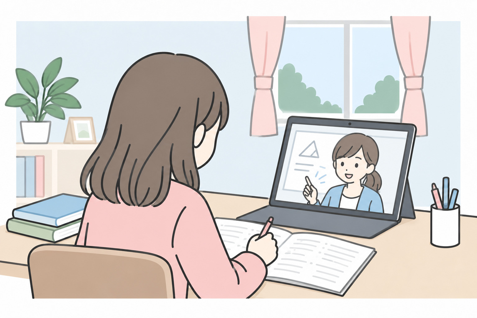 ご自宅でタブレット越しに講師の説明を聞き、オンラインで学ぶお子さまのイラスト