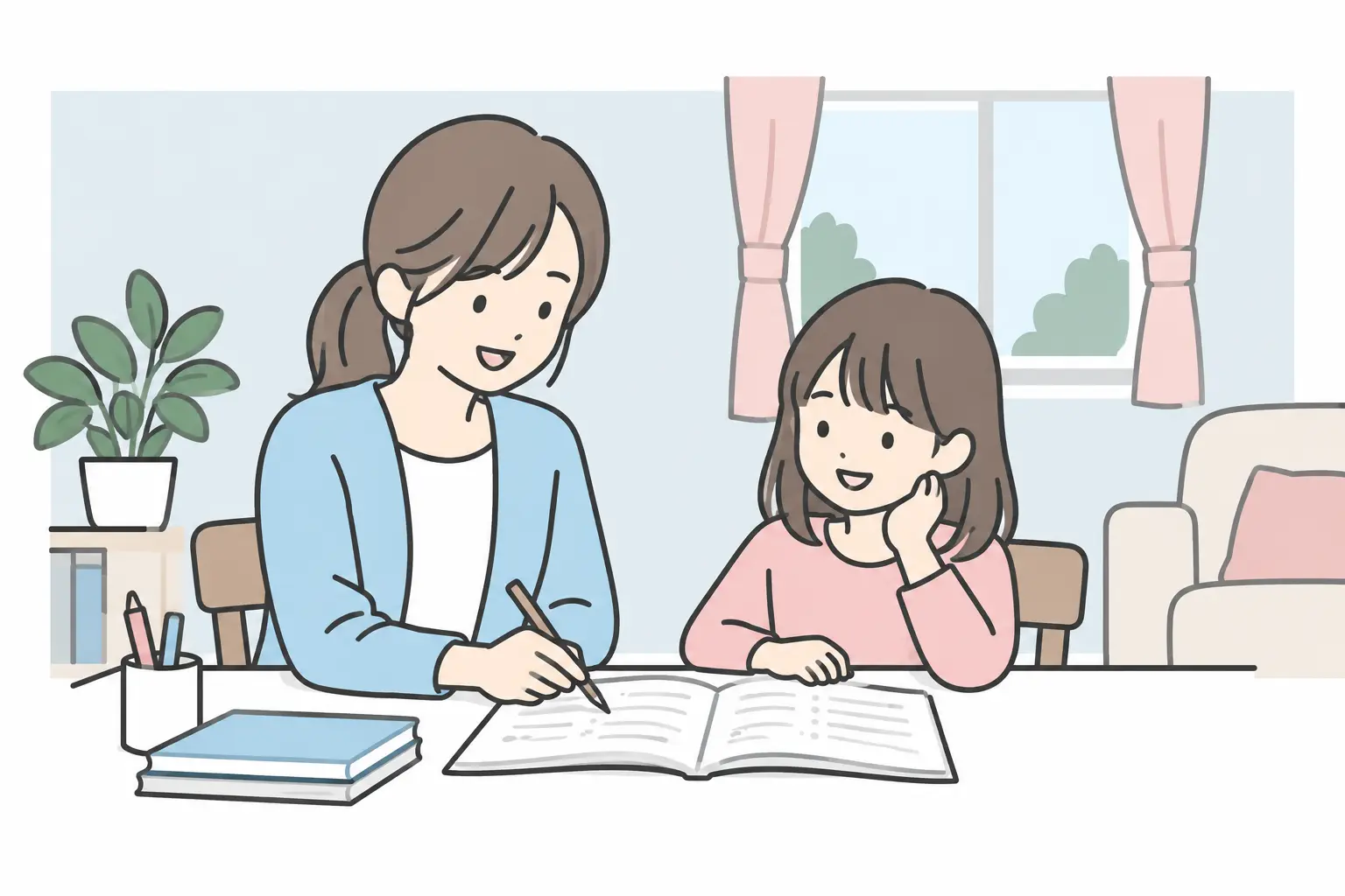明るいご自宅で、講師とお子さまが穏やかに学ぶイメージイラスト