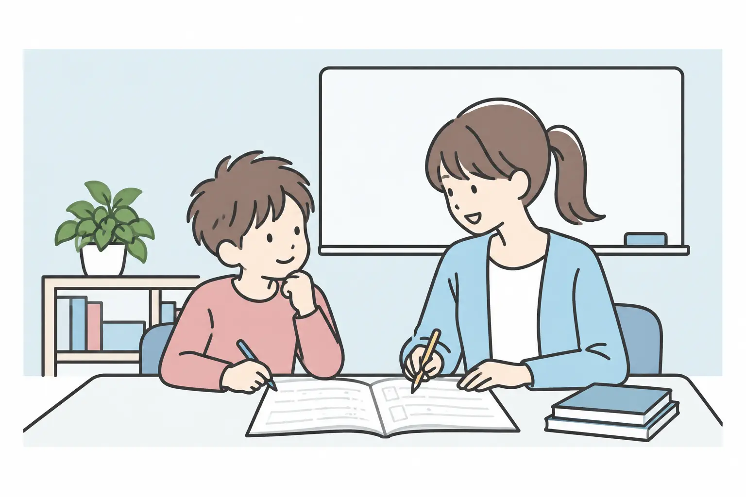 本棚のある落ち着いた事務所で、講師とお子さまが一緒に学ぶイメージイラスト
